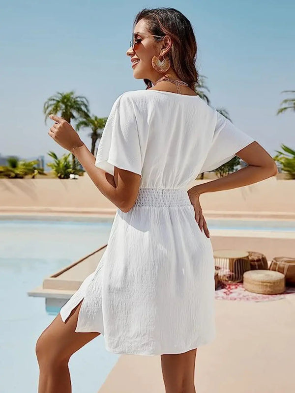 Smocked V-Neck Short Sleeve Dress -BazaarBey - www.shopbazaarbey.com