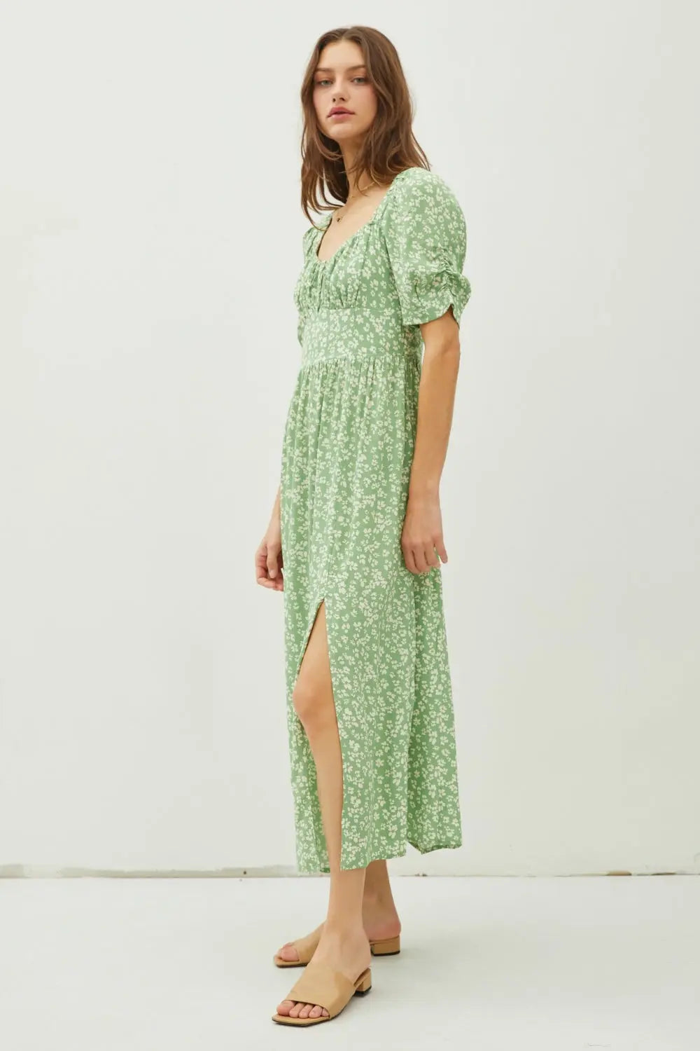  Floral Smocked Back Slit Dress -BazaarBey - www.shopbazaarbey.com