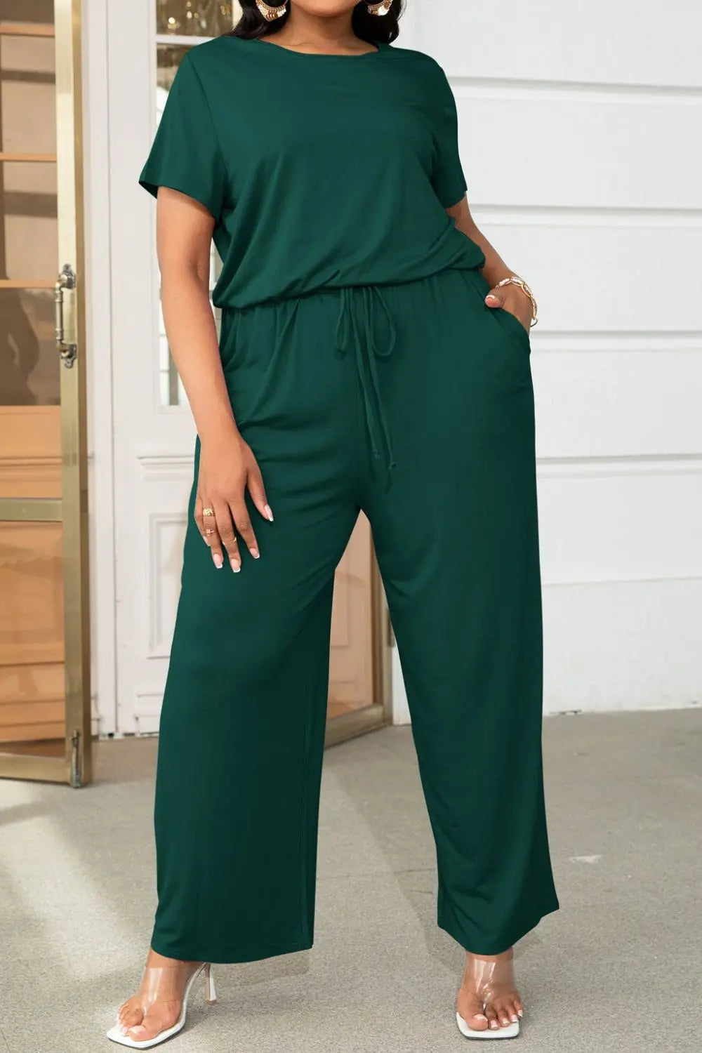  Drawstring Waist Short Sleeve Jumpsuit Trendsi