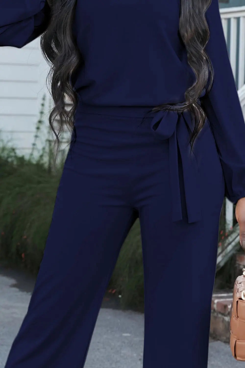 Boat Neck Tie Belt Jumpsuit Trendsi