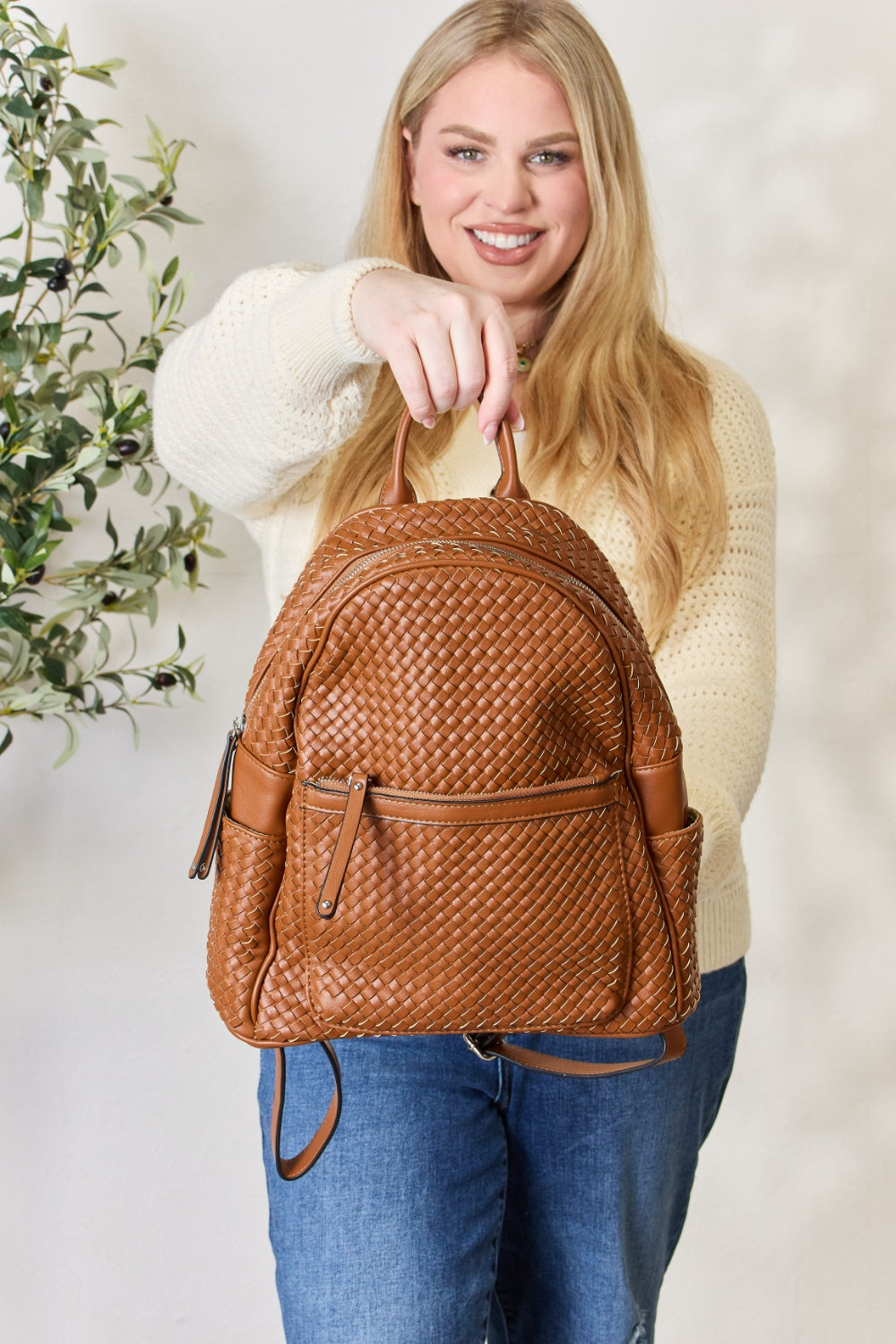  PU Leather Woven Backpack Trendsi