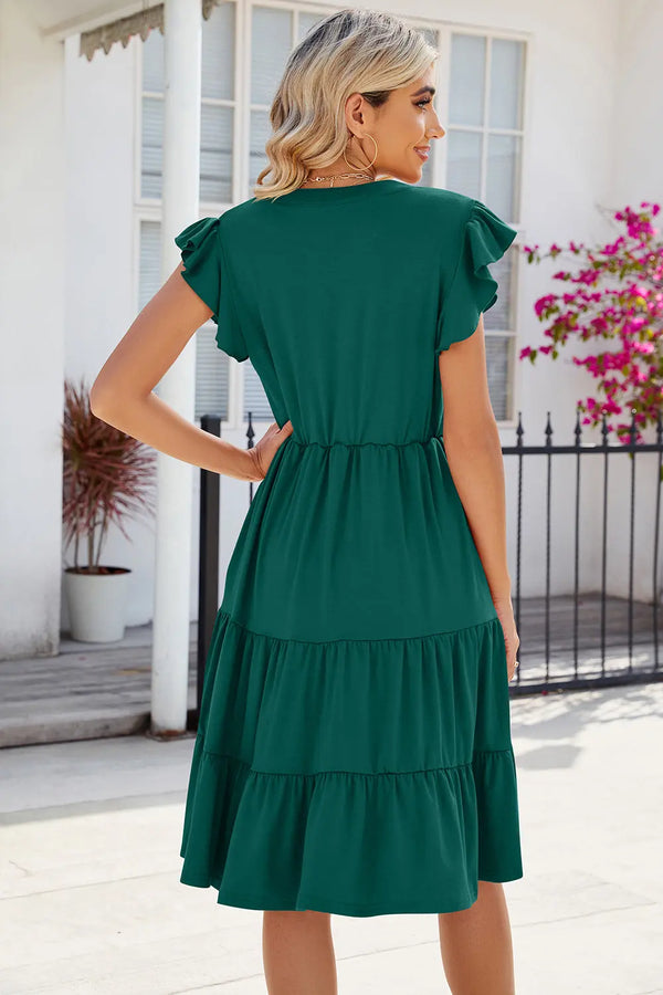 Ruched Notched Cap Sleeve Dress -BazaarBey - www.shopbazaarbey.com