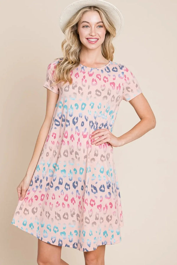  Leopard Round Neck Short Sleeve Dress -BazaarBey - www.shopbazaarbey.com