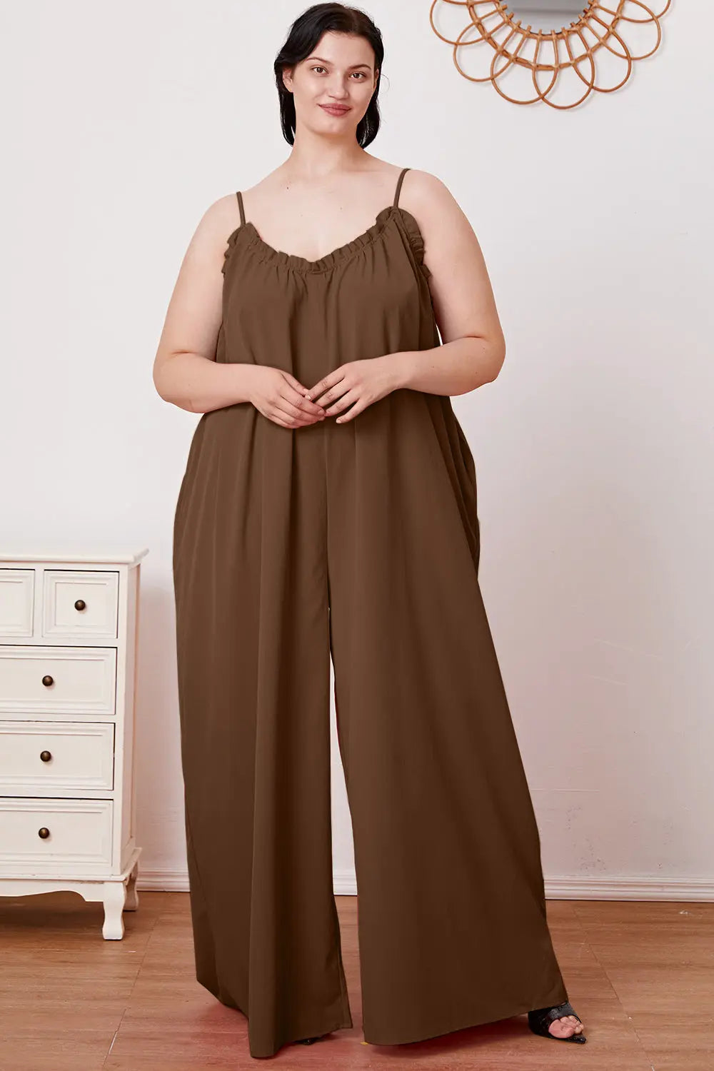   Ruffle Trim Tie Back Cami Jumpsuit with Pockets Trendsi