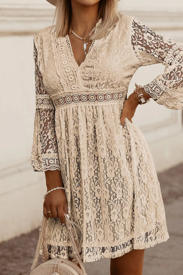 Lace V-Neck Three-Quarter Sleeve Dress -BazaarBey - www.shopbazaarbey.com