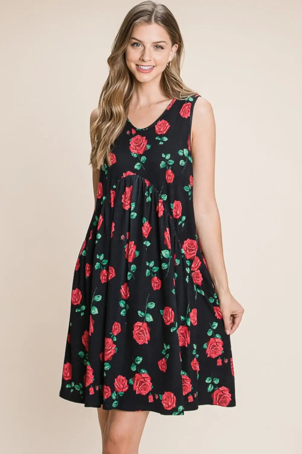  Floral Ruched Tank Dress -BazaarBey - www.shopbazaarbey.com