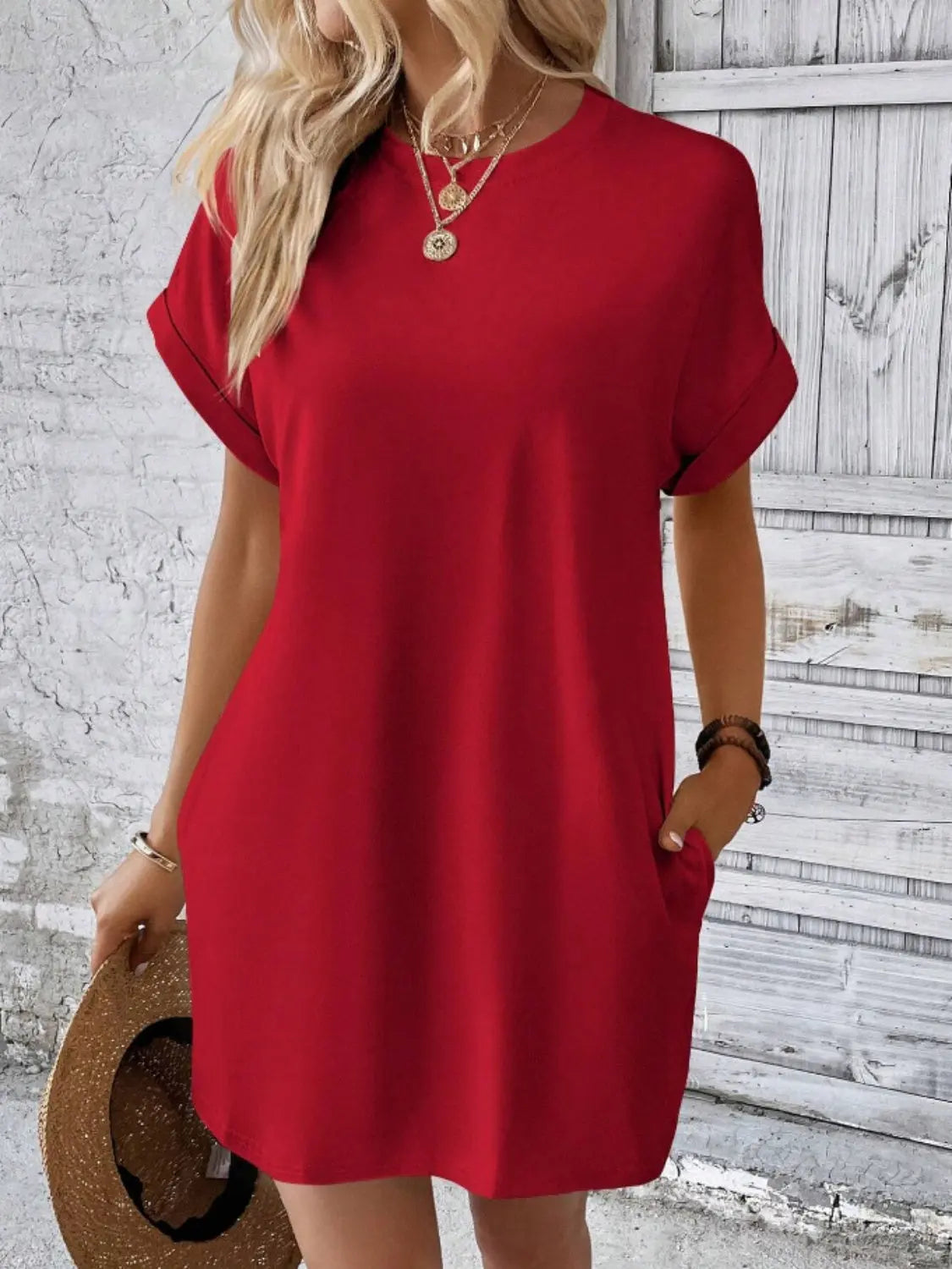 Pocketed Round Neck Short Sleeve Dress -BazaarBey - www.shopbazaarbey.com