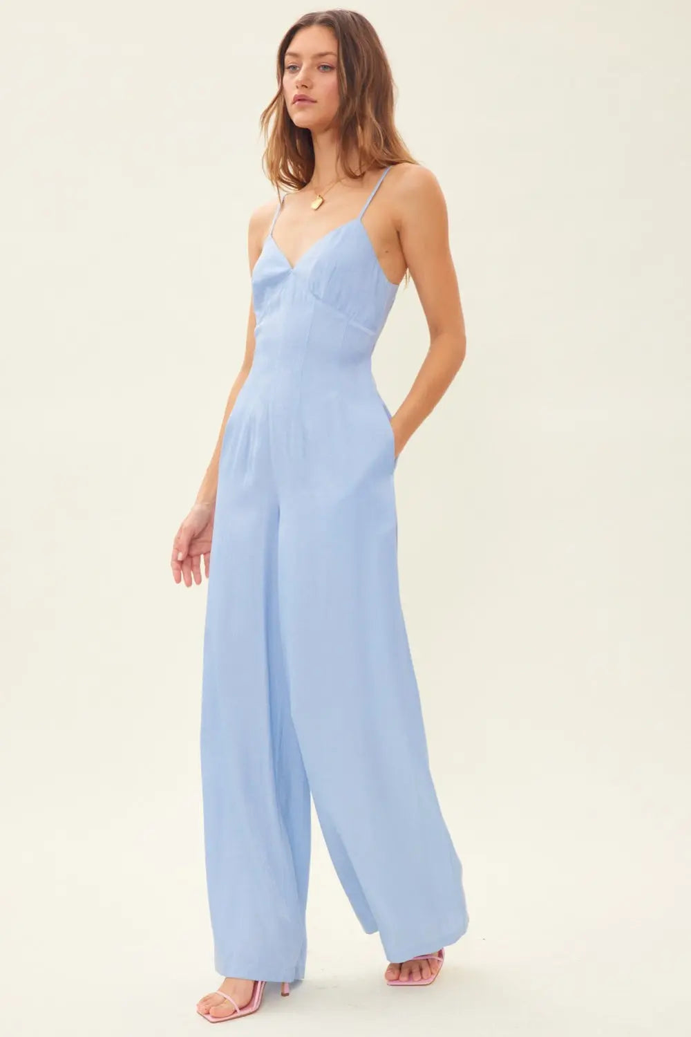  Drawstring Back Sleeveless Wide Leg Jumpsuit Trendsi