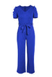 Belted Puff Sleeve V-Neck Jumpsuit Trendsi