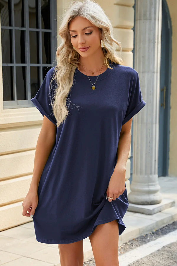 Round Neck Rolled Short Sleeve Tee Dress -BazaarBey - www.shopbazaarbey.com