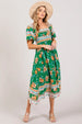  Printed Smocked Short Sleeve Midi Dress -BazaarBey - www.shopbazaarbey.com