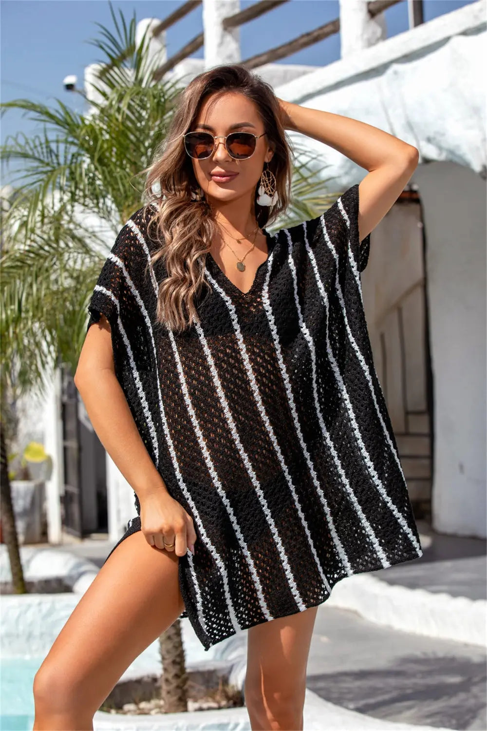 Openwork V-Neck Short Sleeve Cover Up Trendsi