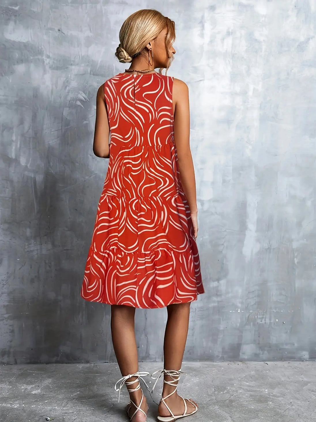 Printed Round Neck Sleeveless Dress -BazaarBey - www.shopbazaarbey.com