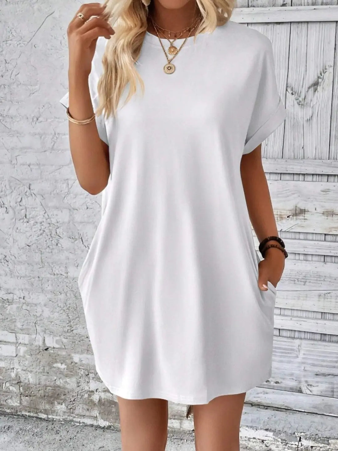 Pocketed Round Neck Short Sleeve Dress -BazaarBey - www.shopbazaarbey.com