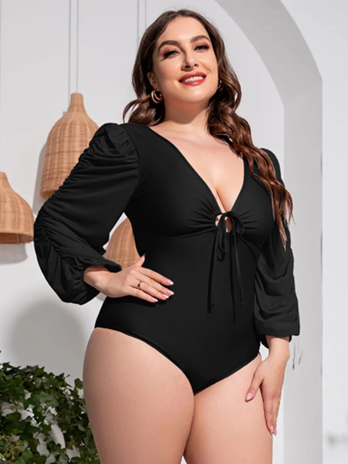 BazaarBey  Tied Deep V Balloon Sleeve One-Piece suit 