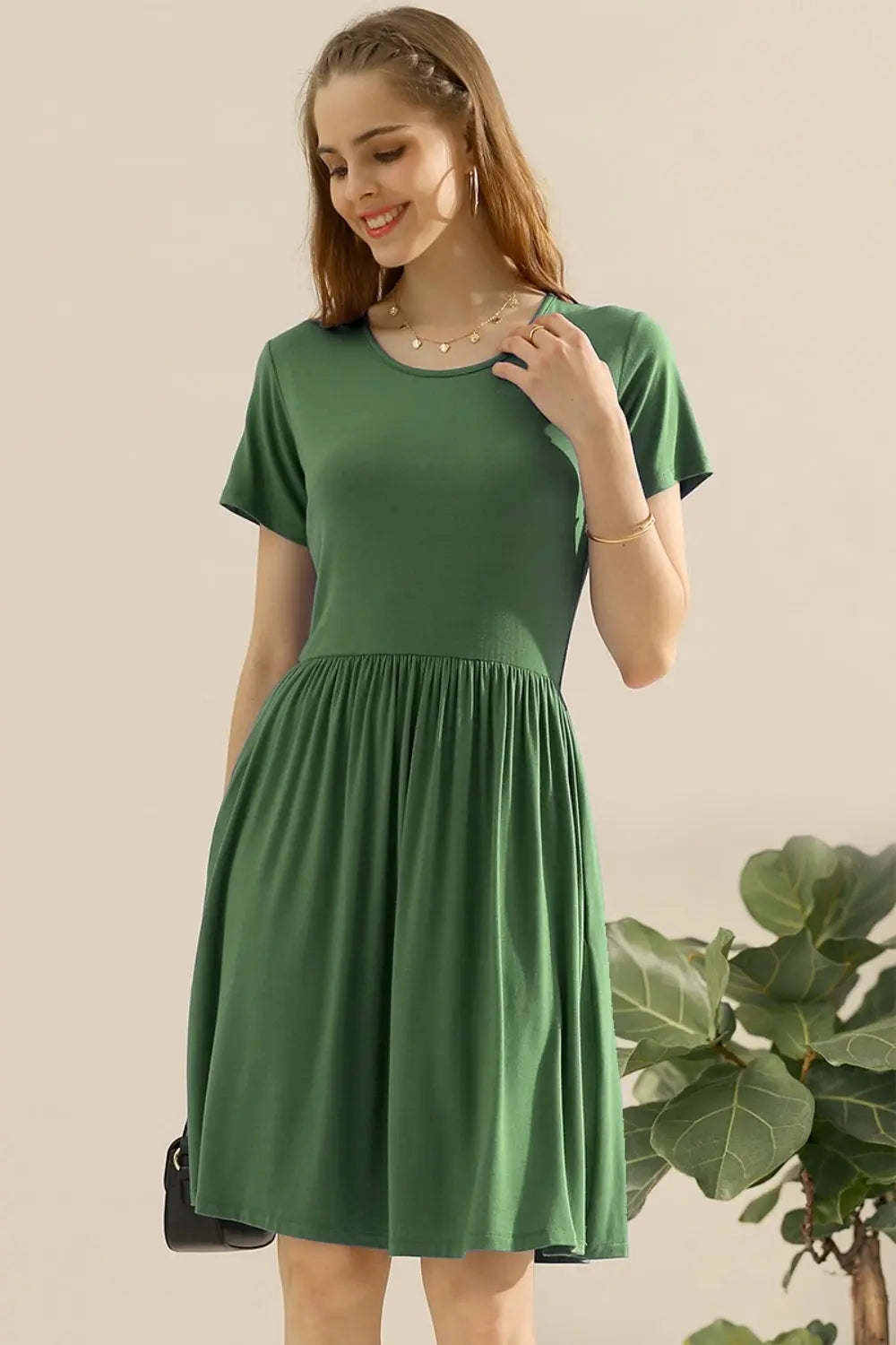   Round Neck Ruched Dress with Pockets 