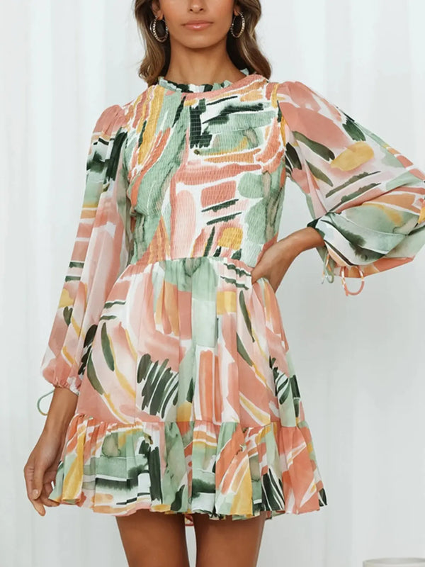 Printed Mock Neck Balloon Sleeve Mini Dress -BazaarBey - www.shopbazaarbey.com