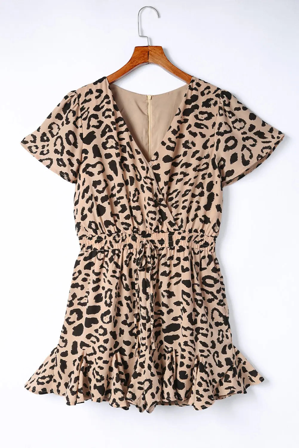 Leopard Flutter Sleeve Ruffle Hem Romper Trendsi