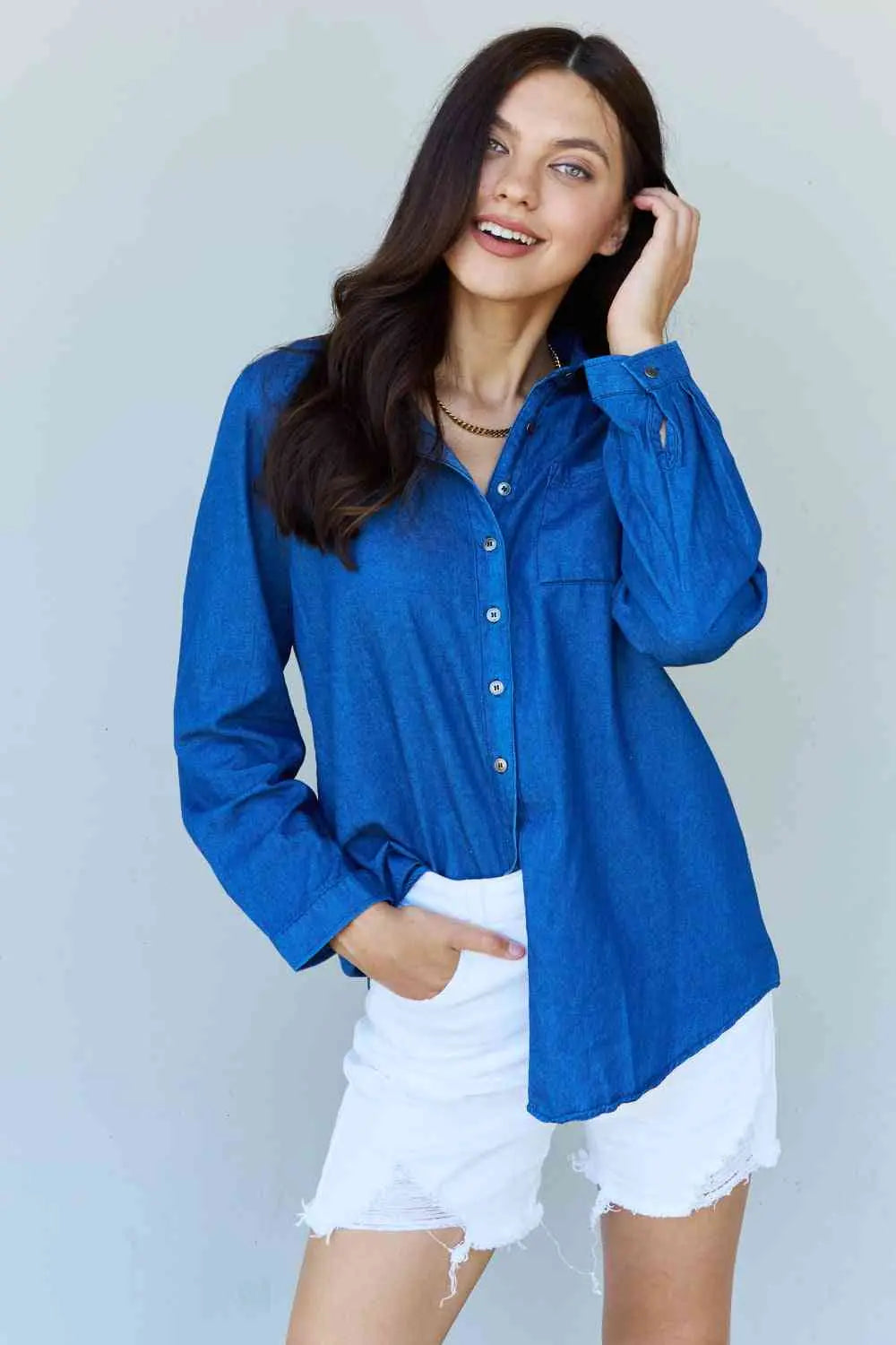  Blue Jean Baby Denim Button Down Shirt Top in Dark Blue Bazaarbey