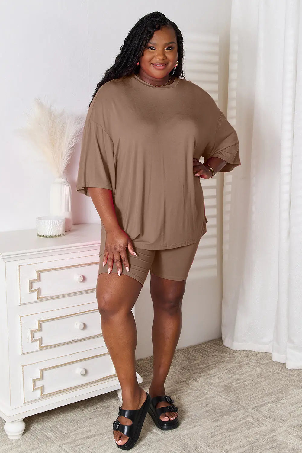  Full Size Soft Rayon Three-Quarter Sleeve Top and Shorts Set Trendsi