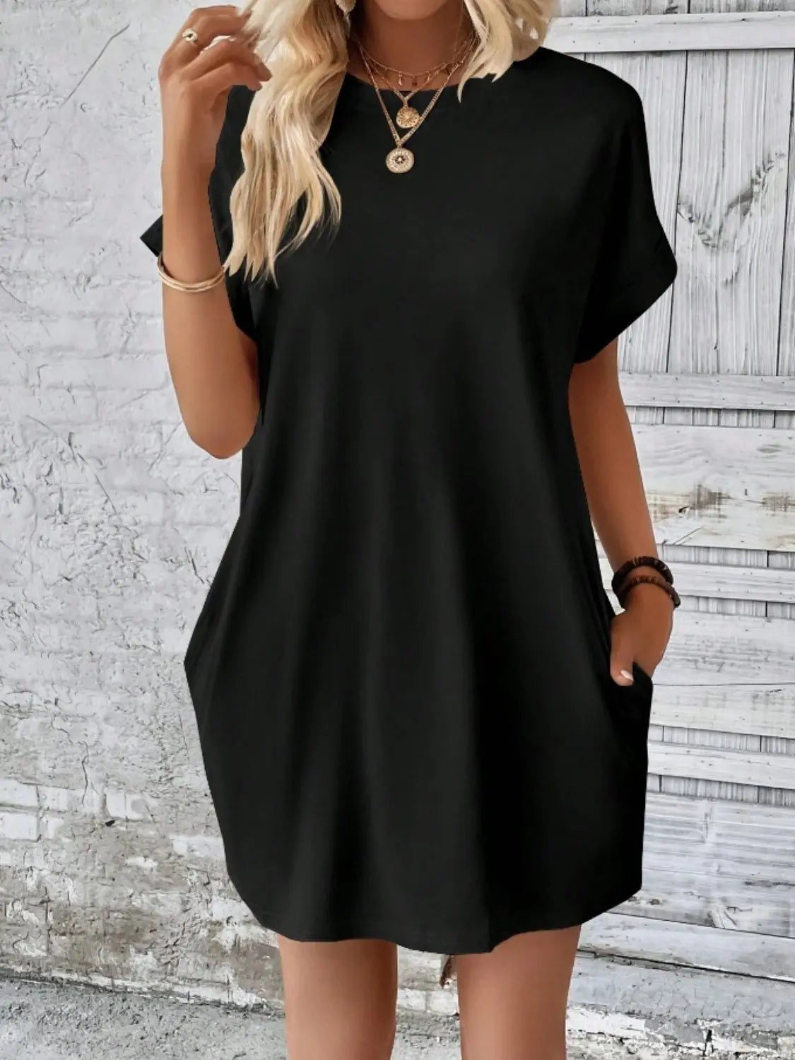 Pocketed Round Neck Short Sleeve Dress -BazaarBey - www.shopbazaarbey.com