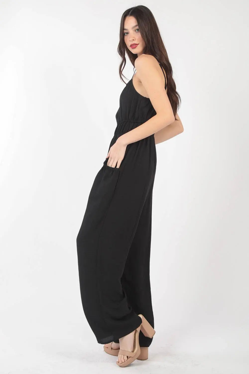  Pintuck Detail Woven Sleeveless Jumpsuit Trendsi