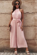 Accordion Pleated Belted Grecian Neck Sleeveless Jumpsuit Trendsi