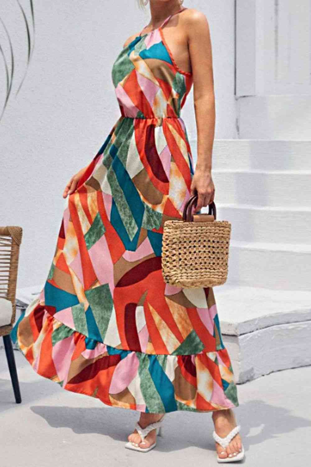 Multicolored Tied  Neck Maxi Dress -BazaarBey - www.shopbazaarbey.com