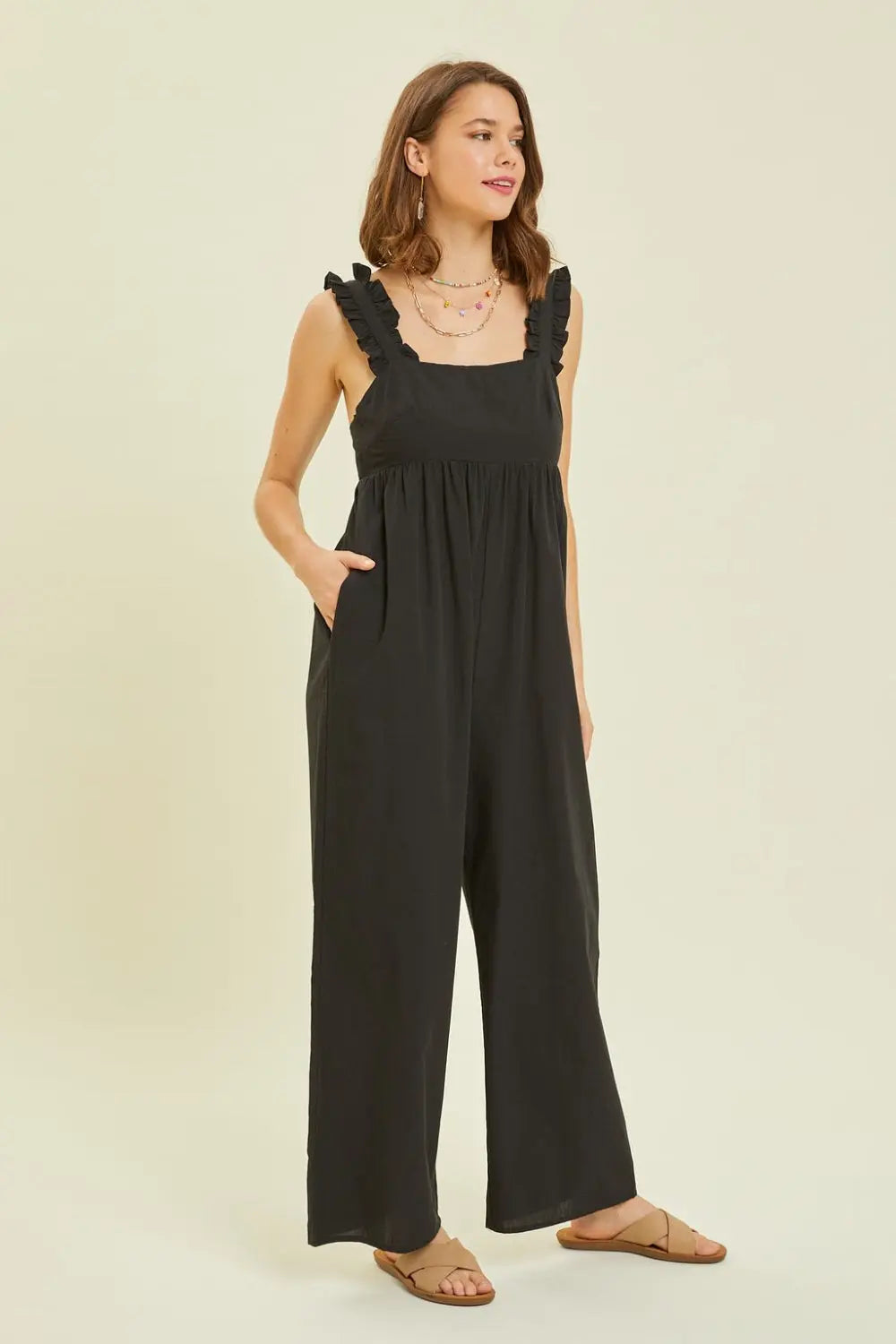   Ruffled Strap Back Tie Wide Leg Jumpsuit Trendsi