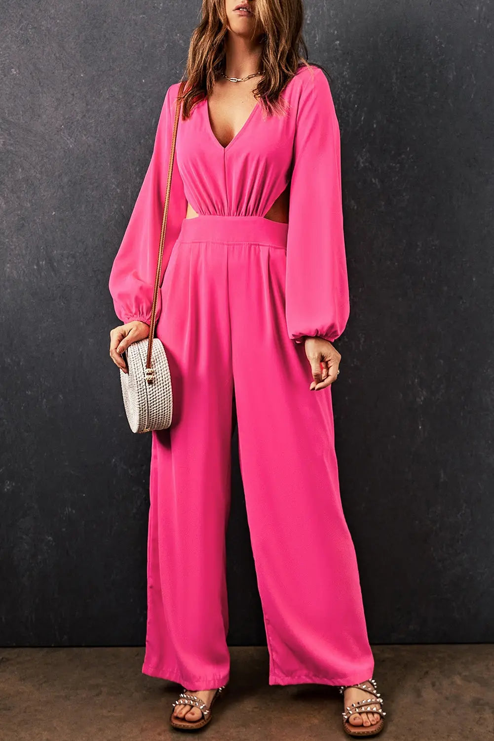 BazaarBey Balloon Sleeve  Plunge Jumpsuit 