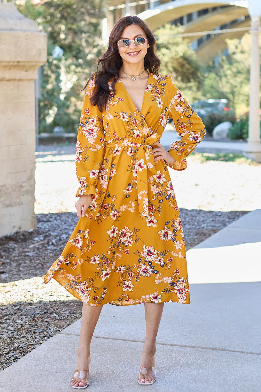  Full Size Floral Tie Back Flounce Sleeve Dress -BazaarBey - www.shopbazaarbey.com