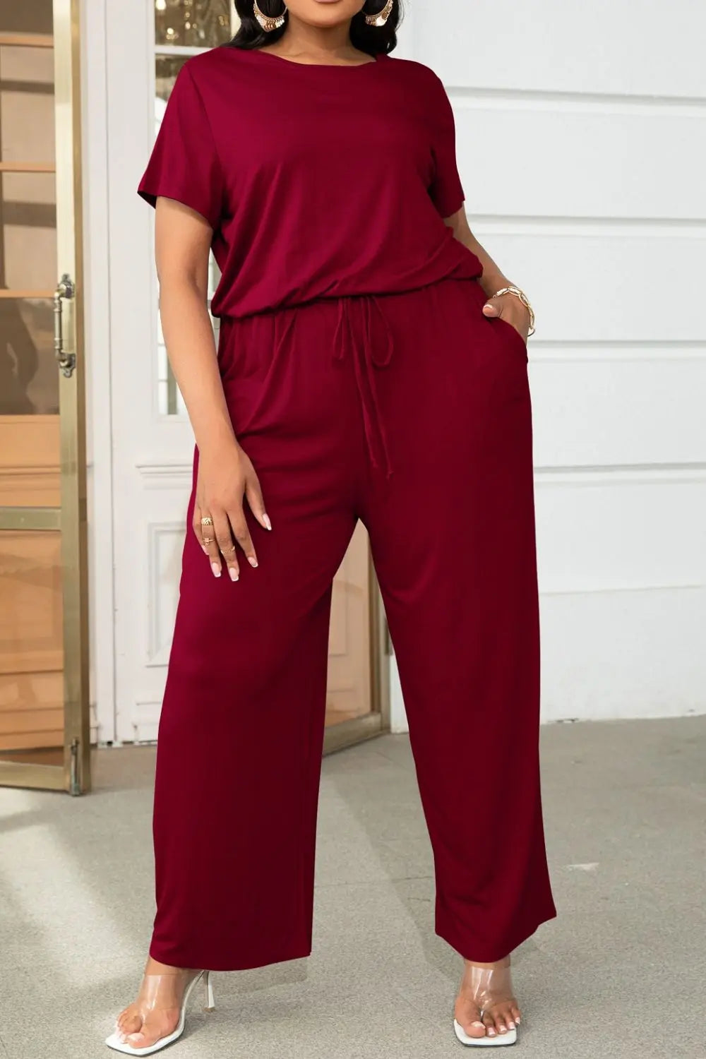  Drawstring Waist Short Sleeve Jumpsuit Trendsi