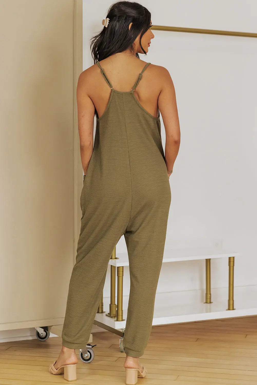 Spaghetti Strap Deep V Jumpsuit with Pockets Trendsi