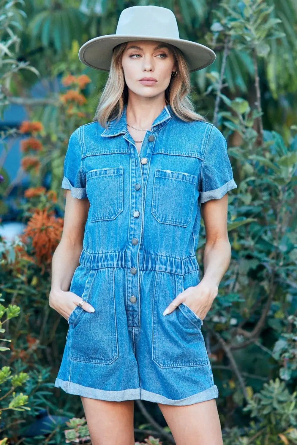 Veveret Elastic Waistband Denim Romper Trendsi