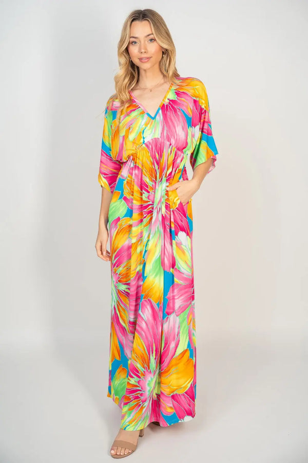  Printed V-Neck Maxi Dress with Pockets -BazaarBey - www.shopbazaarbey.com