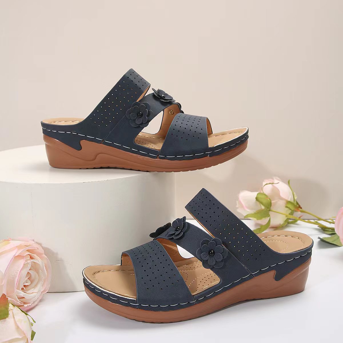 Flower PU Leather Wedge Sandals Trendsi