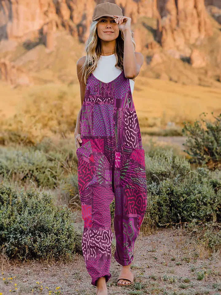  Printed V-Neck Sleeveless Jumpsuit Trendsi