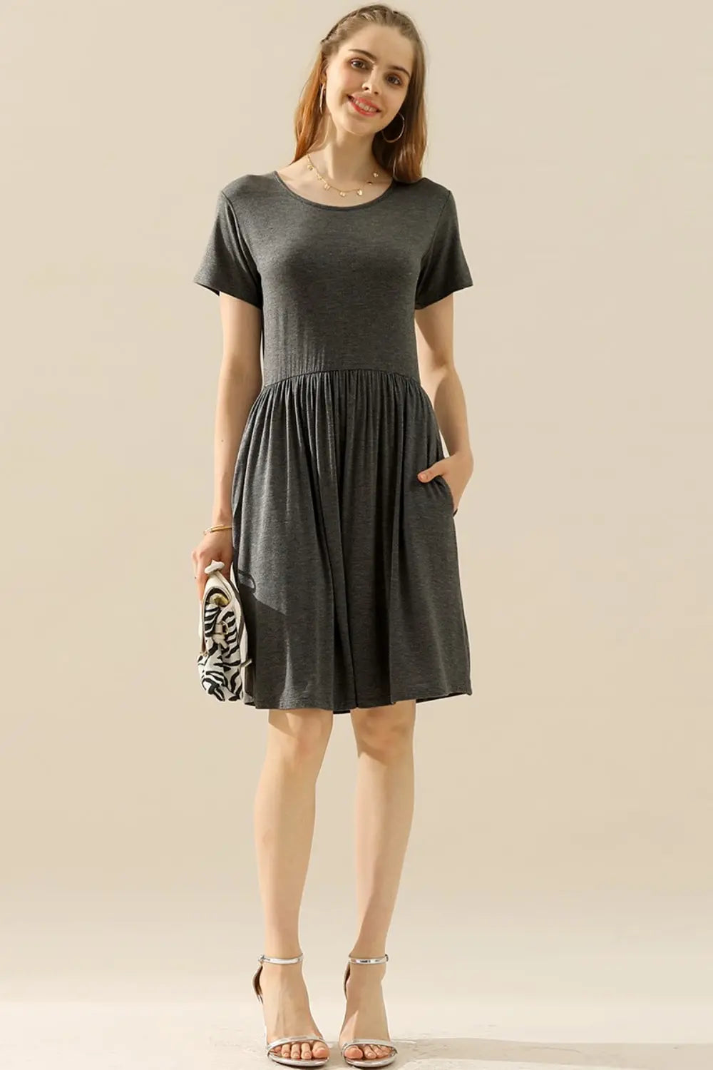   Round Neck Ruched Dress with Pockets 