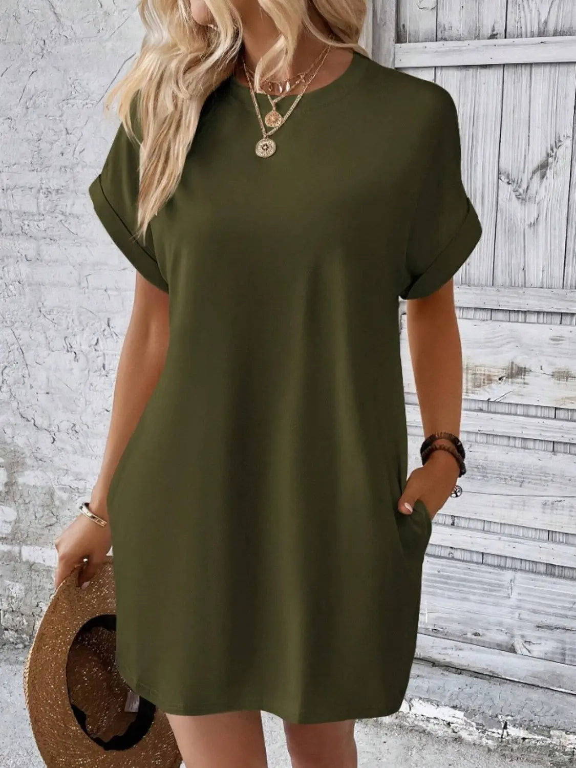 Pocketed Round Neck Short Sleeve Dress -BazaarBey - www.shopbazaarbey.com