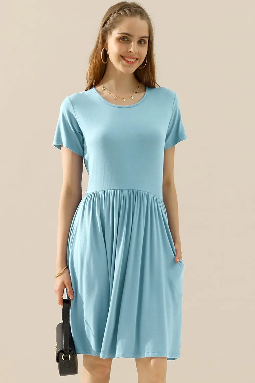   Round Neck Ruched Dress with Pockets 