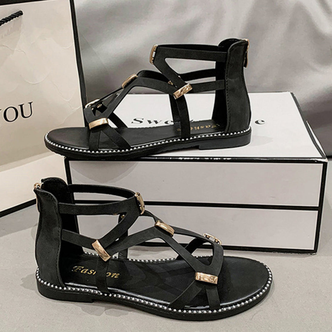 Open Toe Back Zipper Flat Sandals Trendsi