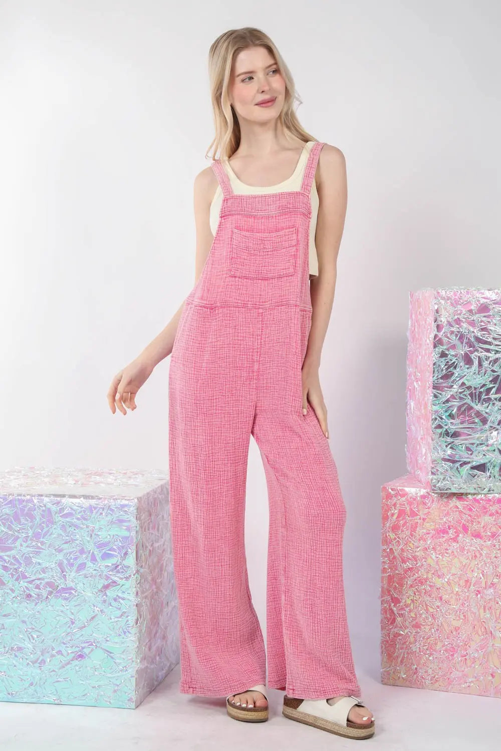  Texture Washed Wide Leg Overalls Trendsi