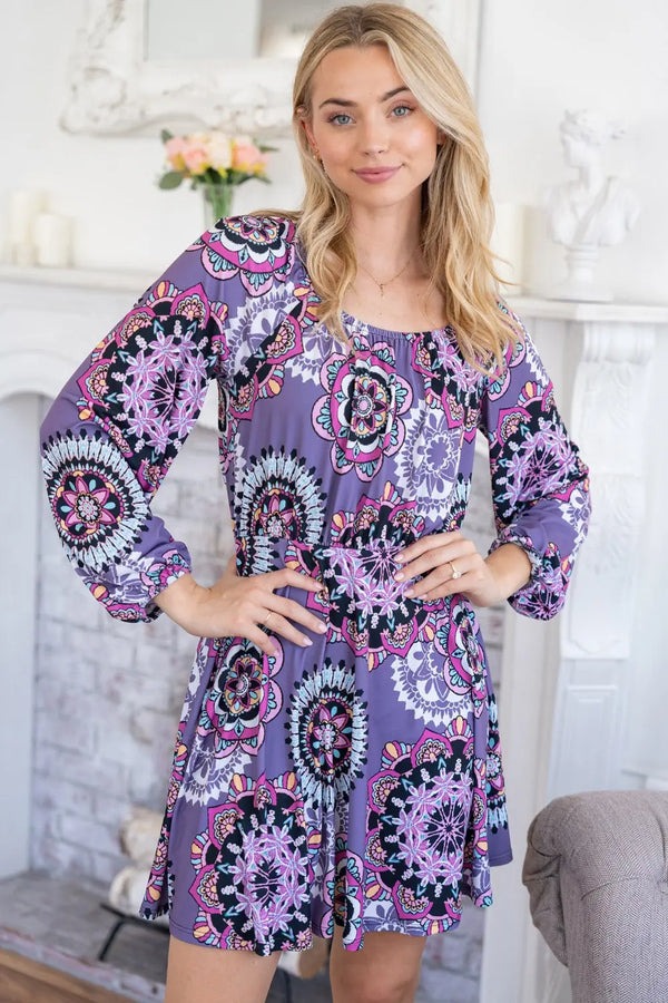  Printed Long Sleeve Mini Dress with Short Liner -BazaarBey - www.shopbazaarbey.com