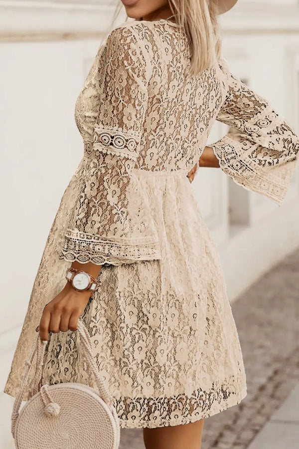 Lace V-Neck Three-Quarter Sleeve Dress -BazaarBey - www.shopbazaarbey.com