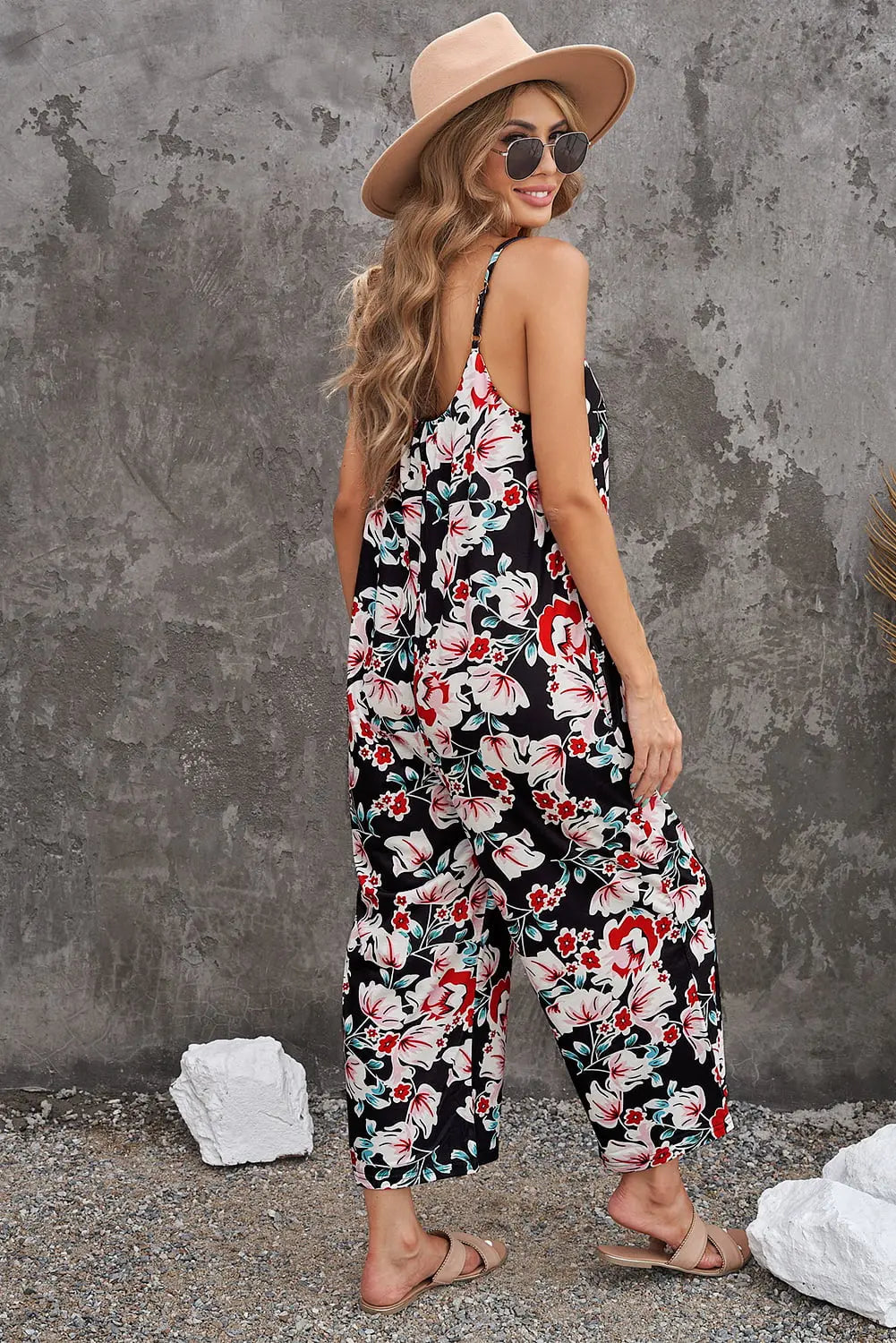 Botanical Print Spaghetti Strap Cropped Jumpsuit Trendsi