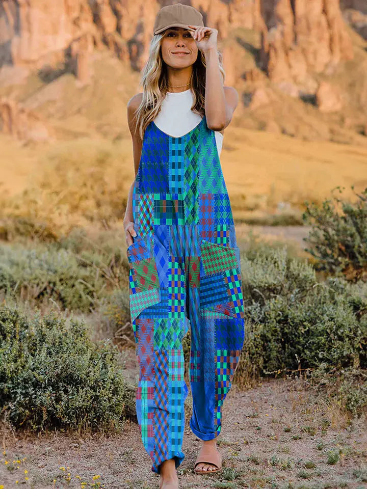  Printed V-Neck Sleeveless Jumpsuit Trendsi