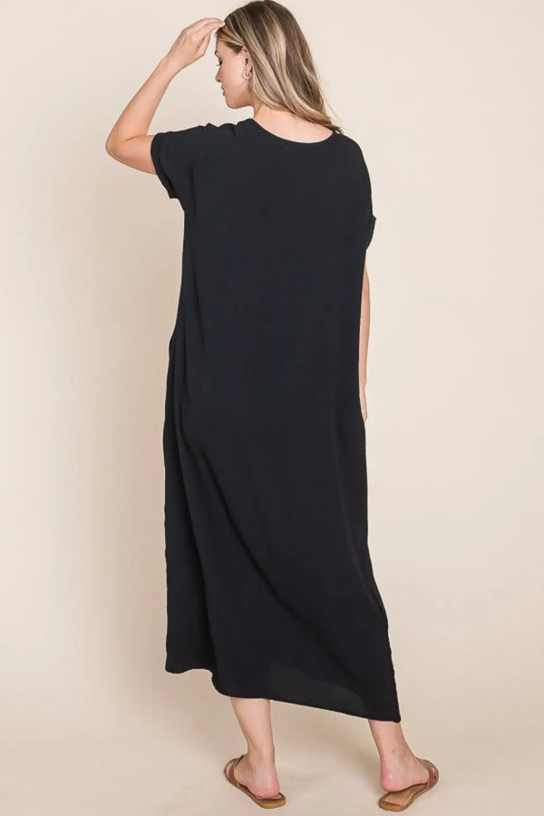  Round Neck Short Sleeve Midi Dress with Pockets -BazaarBey - www.shopbazaarbey.com