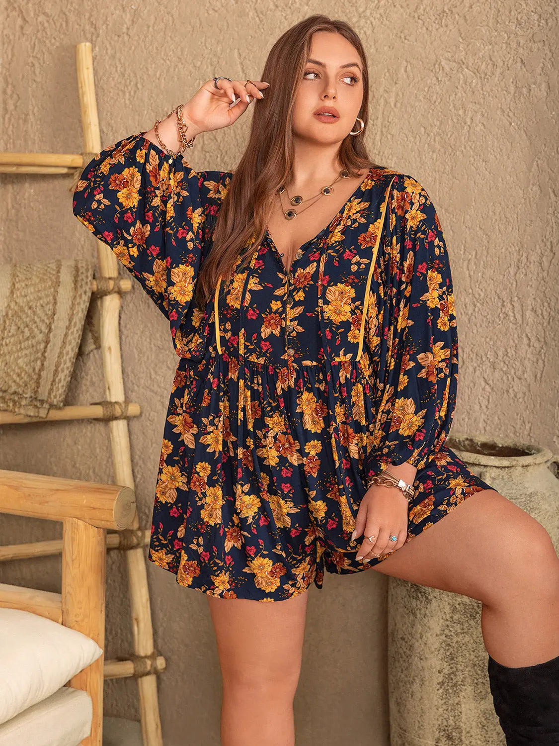  Floral Tie Neck Balloon Sleeve Romper Trendsi