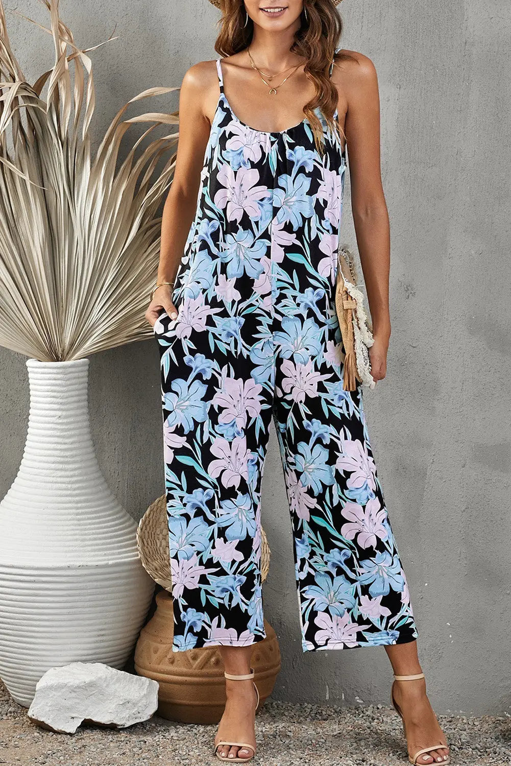 Botanical Print Spaghetti Strap Cropped Jumpsuit Trendsi