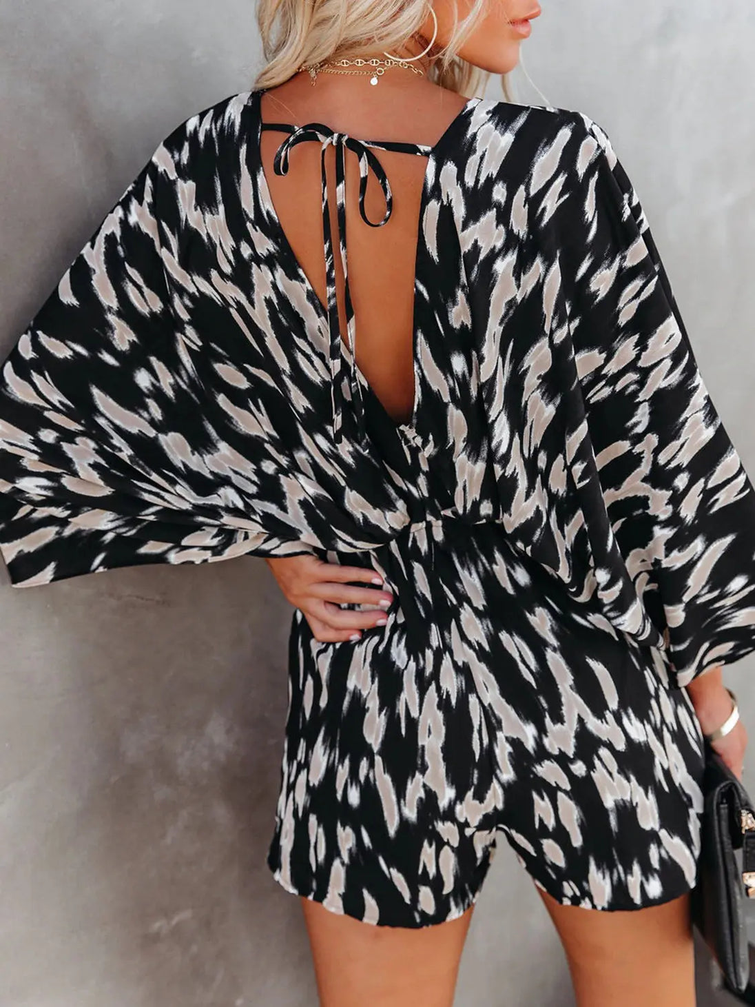 Tied Printed Kimono Sleeve Romper Trendsi